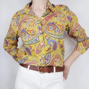 Lauren Ralph Lauren Womens Size Medium Yellow Paisley Print Button Up Shirt Top